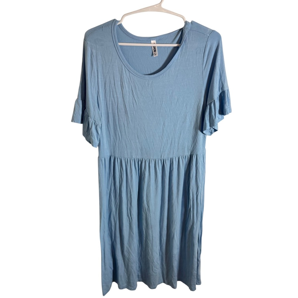 MOHSIIA Womens Blue Short Sleeve Ruffle‎ Tiered Empire Waist Midi Dress Size L
